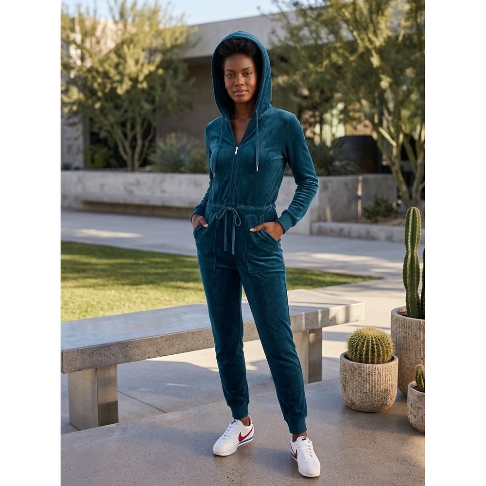 Juicy Couture Black Label Velour Hooded Jumpsuit Teal Blue XS NWT